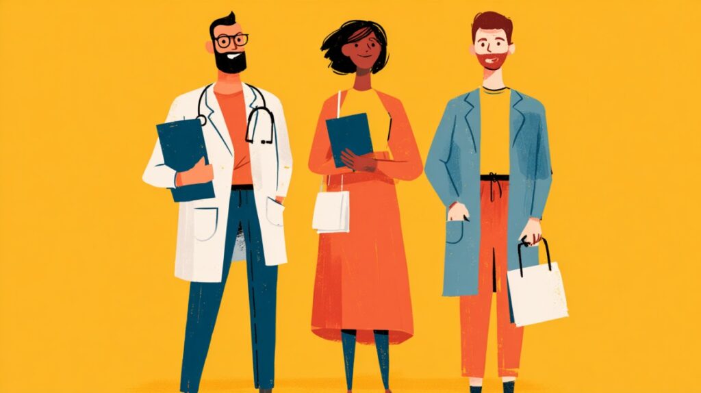Illustration of three diverse professionals standing together — a doctor, a woman with documents, and a man holding a shopping bag — symbolizing different health insurance needs