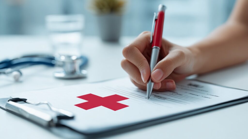Close-up of a person filling out a medical insurance form on a clipboard with a red cross symbol