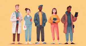 Complete Guide to Health Coverage for Students, Workers, and Freelancers Illustration of a diverse group of people, including a doctor, a nurse, a student, a freelancer, and a worker, symbolizing different groups seeking health coverage