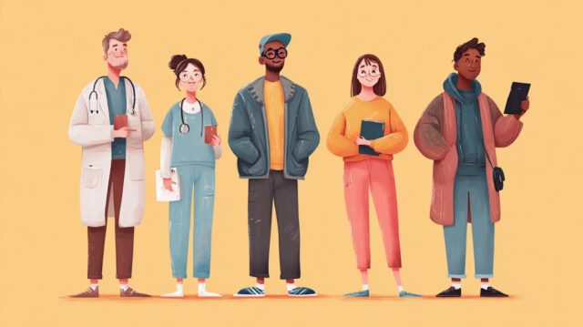 Complete Guide to Health Coverage for Students, Workers, and Freelancers Illustration of a diverse group of people, including a doctor, a nurse, a student, a freelancer, and a worker, symbolizing different groups seeking health coverage
