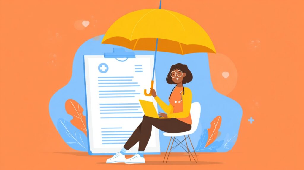 Illustration of a freelancer sitting with a laptop under a yellow umbrella, symbolizing health insurance protection, with a medical document in the background