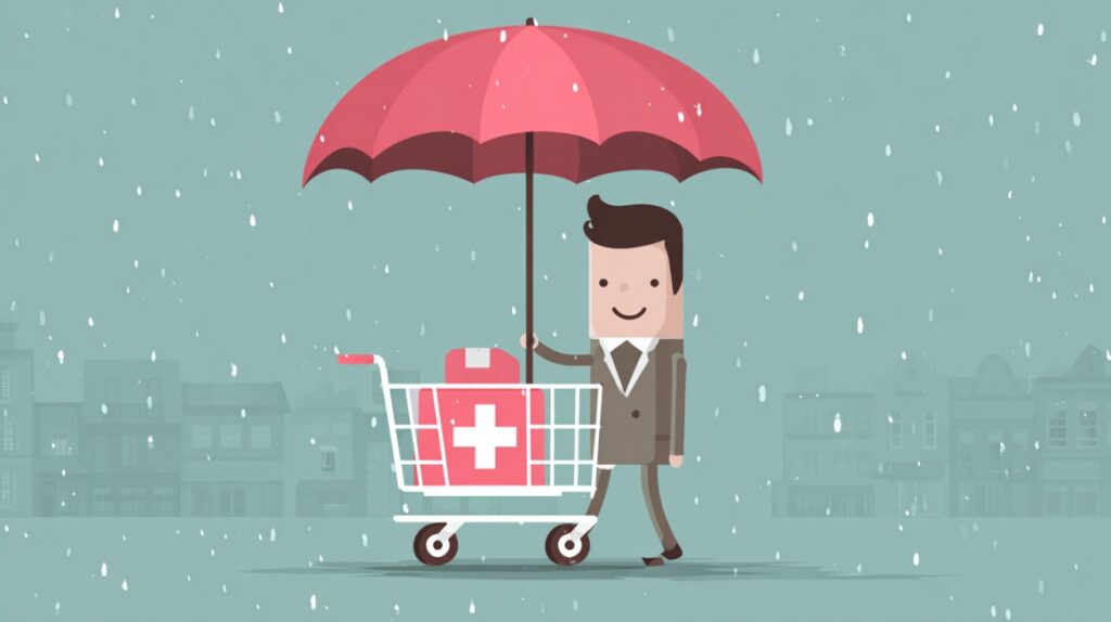 Illustration of a man in a suit holding a red umbrella over a shopping cart with a medical kit, symbolizing health insurance protection
