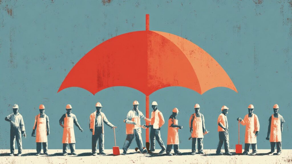 Illustration of workers standing under a large red umbrella, symbolizing collective protection through health insurance